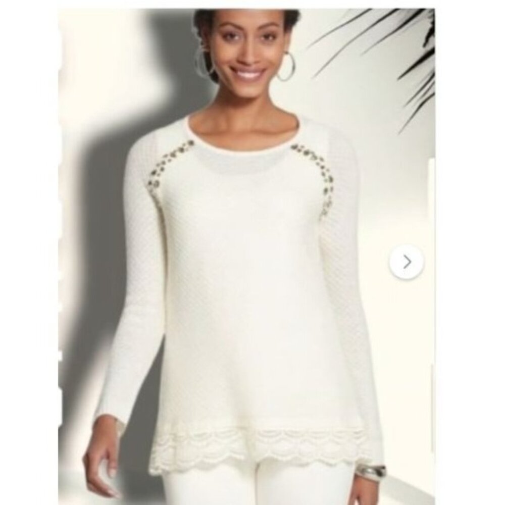 Chicos 4 Womens Size 2x rhinestone Embellished Knit Sweater Ivory lace hem